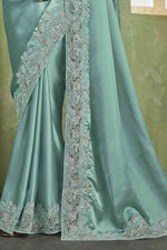 Sky Blue Satin Silk Embroidered Party Wear Saree With Blouse Piece