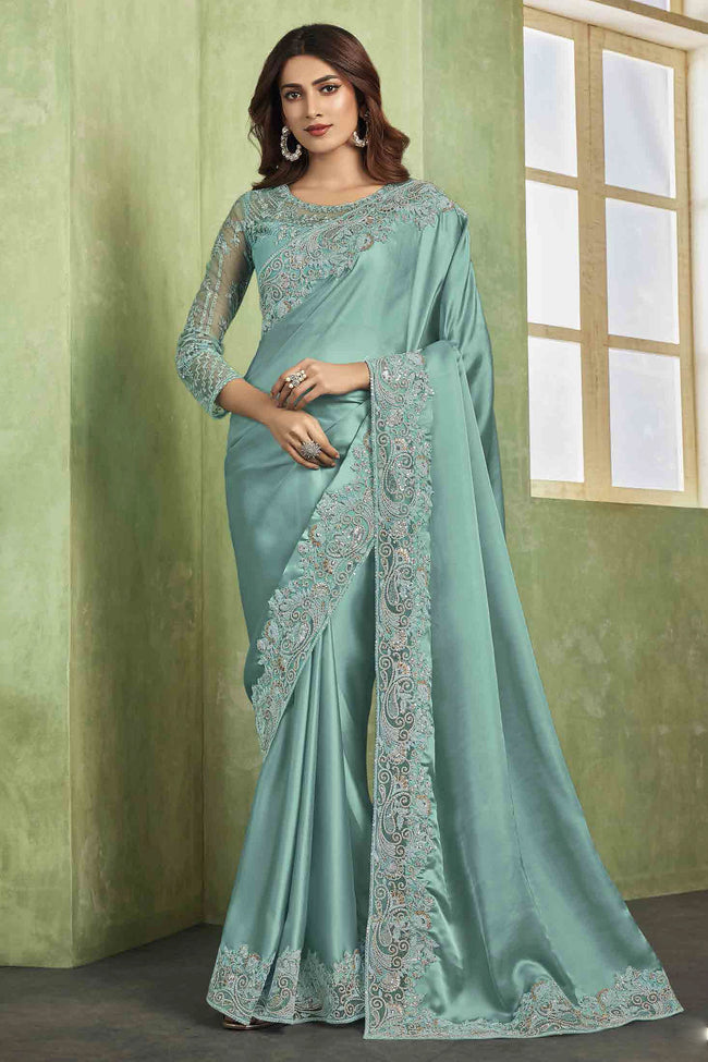 Sky Blue Satin Silk Embroidered Party Wear Saree With Blouse Piece