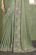 Pista Green Satin Silk Designer Sequins Embroidered Saree With Blouse Piece