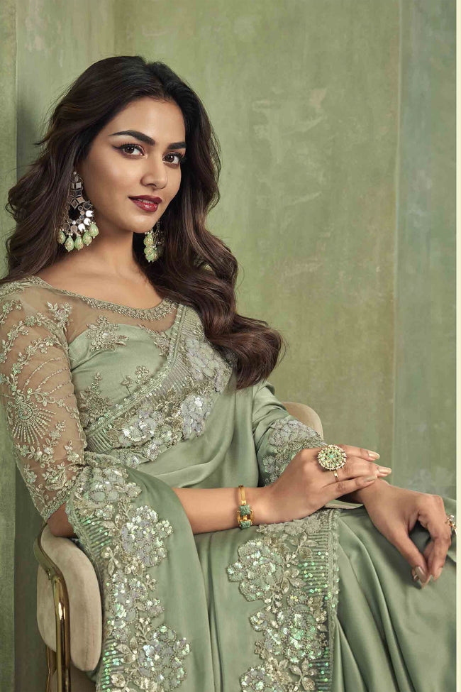 Pista Green Satin Silk Designer Sequins Embroidered Saree With Blouse Piece