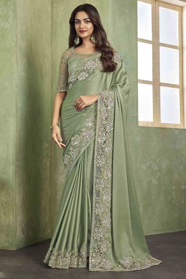 Pista Green Satin Silk Designer Sequins Embroidered Saree With Blouse Piece