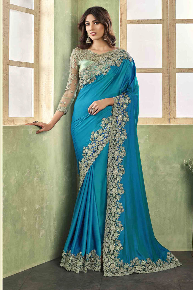 Blue & Dusty Green Festive Wear Two Tone Silk Saree With Blouse Piece