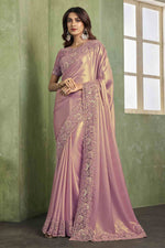 Pink Embroidered Border Georgette Shimmer Saree With Blouse Piece