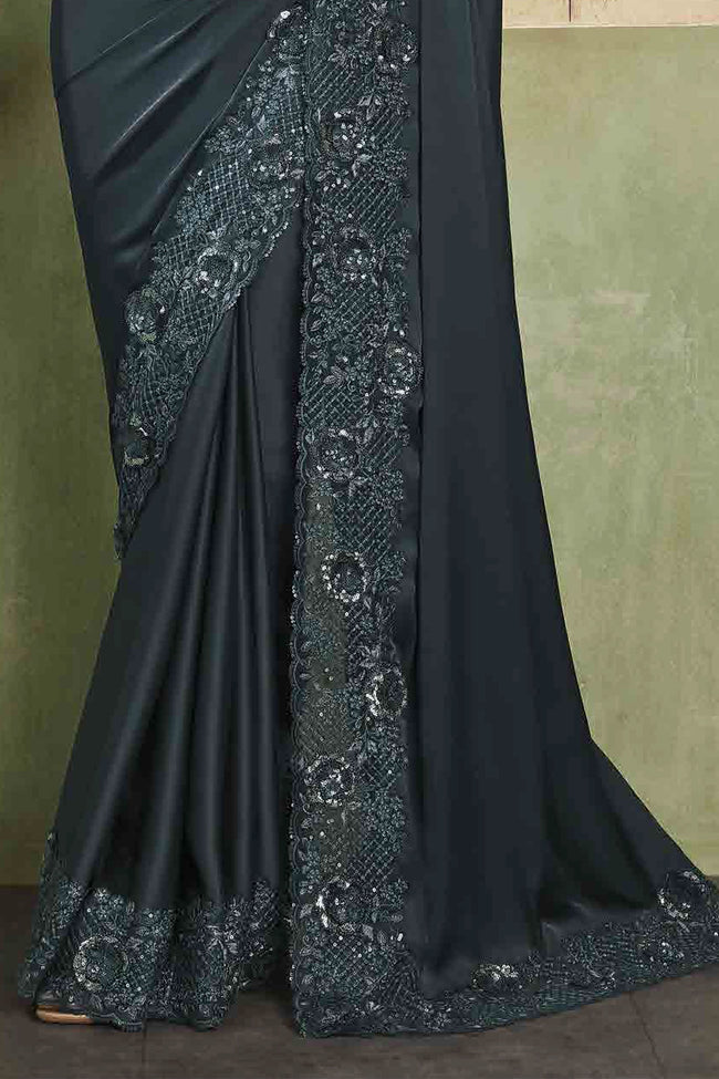 Dark Grey Embroidered Border Work Soft Silk Saree With Blouse Piece