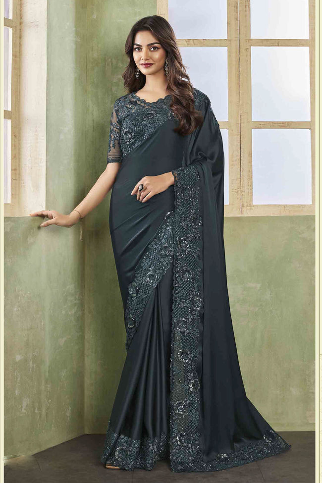 Dark Grey Embroidered Border Work Soft Silk Saree With Blouse Piece