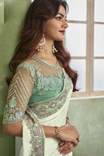 Cream & Sea Green Party Wear Embroidered Satin Silk Saree With Blouse Piece