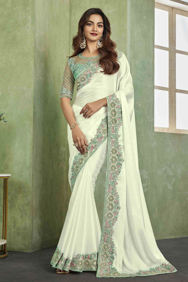 Cream & Sea Green Party Wear Embroidered Satin Silk Saree With Blouse Piece