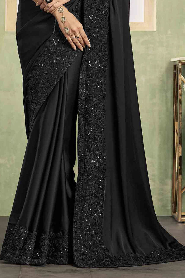 Black Designer  Party Wear Embroidered Satin Silk Saree With Blouse Piece