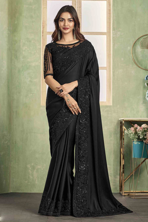 Black Designer  Party Wear Embroidered Satin Silk Saree With Blouse Piece