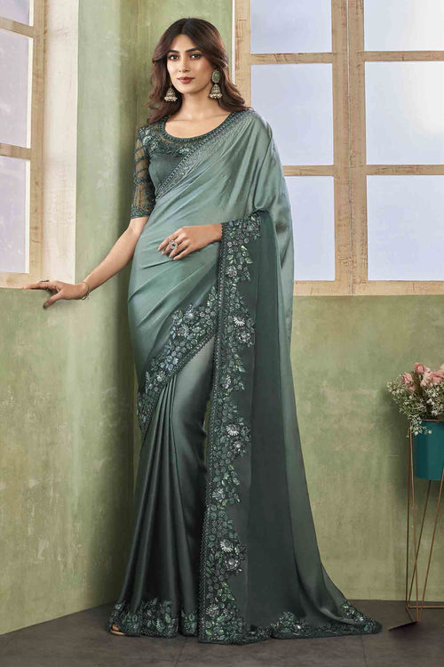 Grey Wedding Wear Embroidered Satin Silk Saree With Blouse Piece