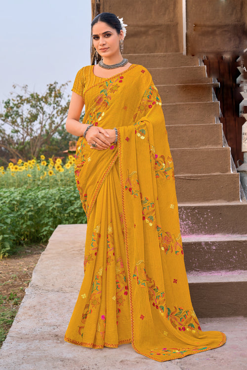 Yellow Chiffon Embroidered Saree