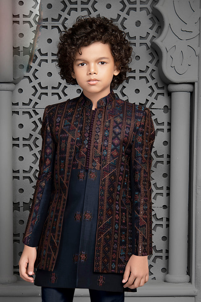 Navy Blue Festive Wear Indowestern Set In Cotton Silk For Boys