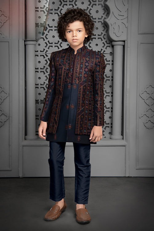 Navy Blue Festive Wear Indowestern Set In Cotton Silk For Boys