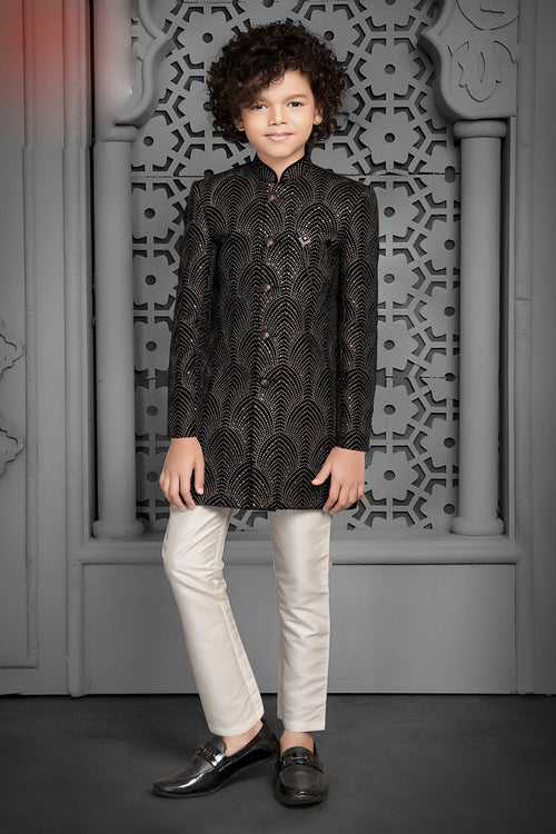 Black Thread Embroidered Indowestern Set For Boys