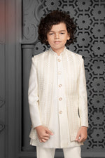 Beige Readymade Indowestern Set In Cotton Silk For Boys