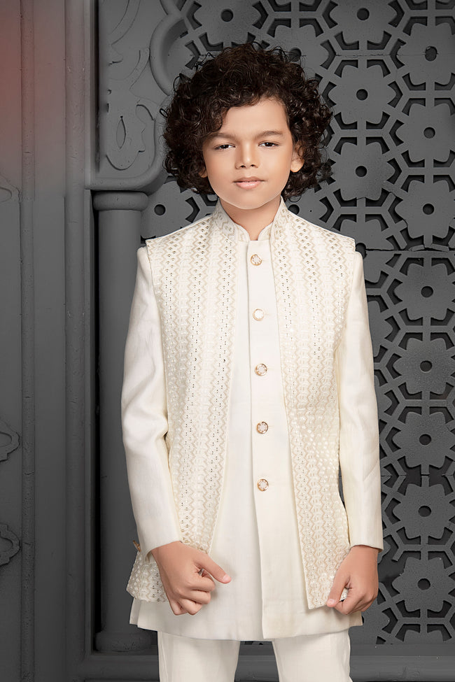 Beige Readymade Indowestern Set In Cotton Silk For Boys