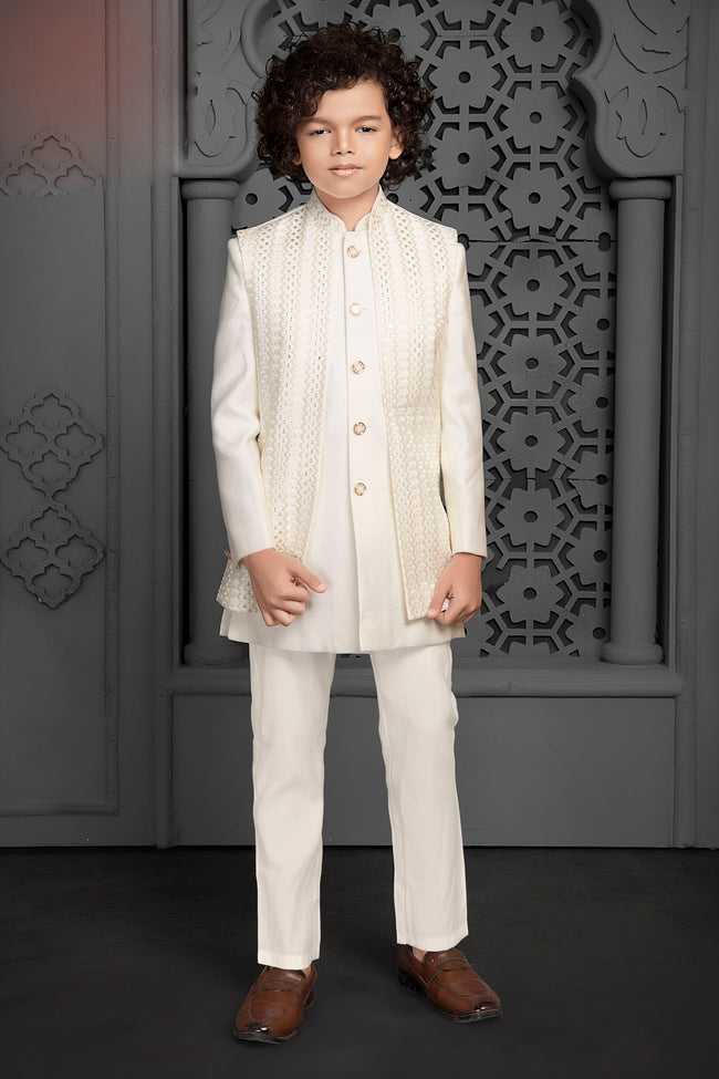 Beige Readymade Indowestern Set In Cotton Silk For Boys