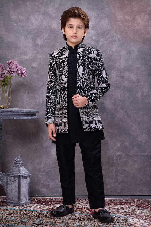 Deep Black Self Patterned Indo Western Set