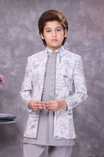 Grey Sophisticated jacquard embellished indowestern