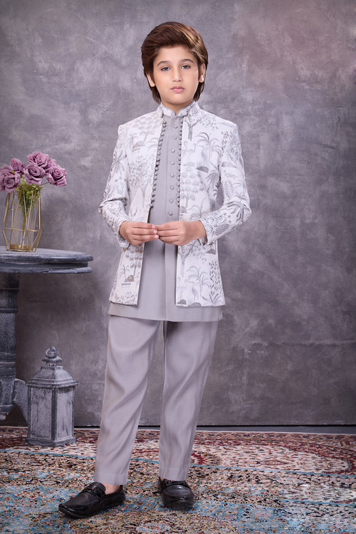 Grey Sophisticated jacquard embellished indowestern