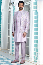 Lavender Floral Printed Silk Indo-Western Jacket Set for Mens