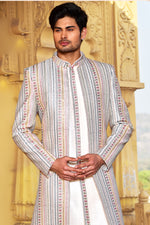 Cream White Festive Wear Embroidered Indo-Western Set For Mens