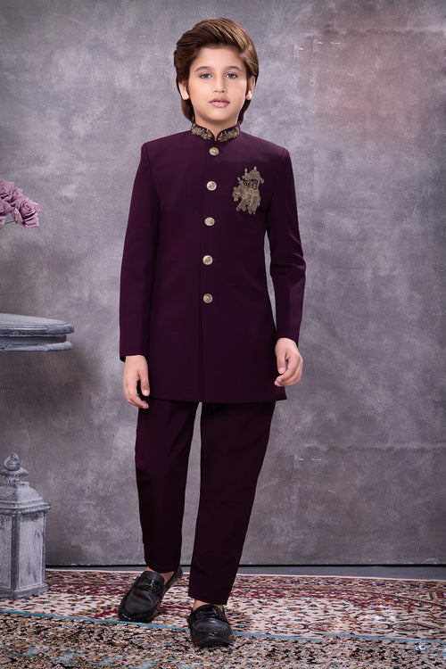 Wine terry rayon indowestern suit for wedding
