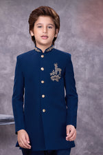 Blue jacquard ornate zardosi boys indowestern