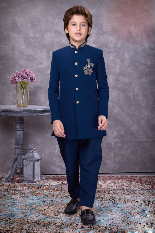 Blue jacquard ornate zardosi boys indowestern