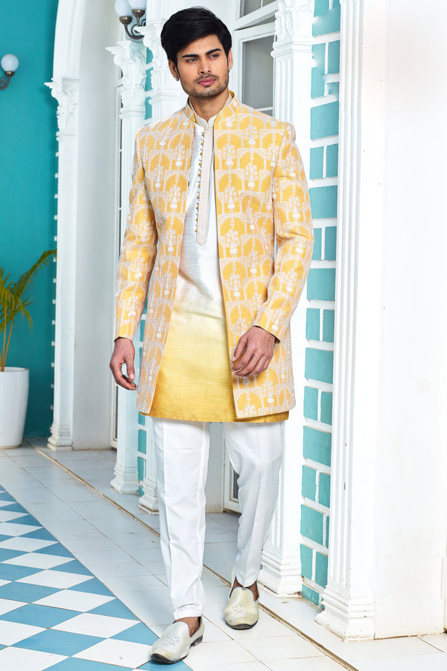 Amber Yellow Embroidered Indo-Western In Tussar Silk For Mens