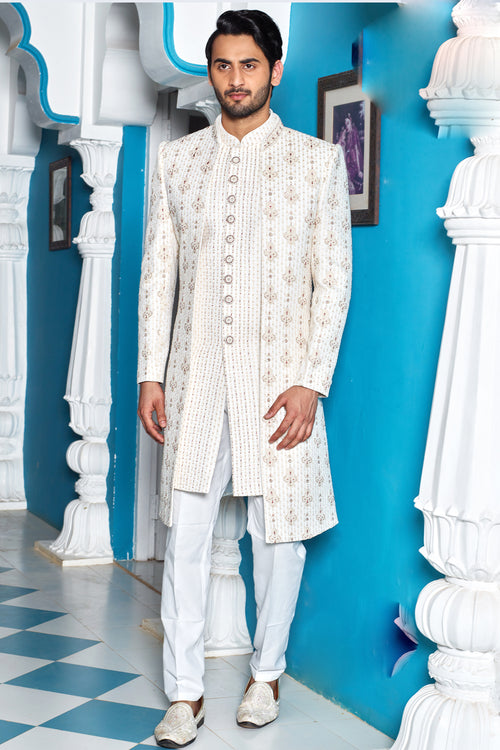 Off White Jacket Style Indo-Western In Art Silk For Mens