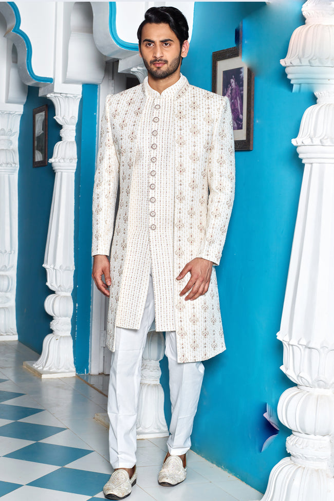 Off White Jacket Style Indo-Western In Art Silk For Mens