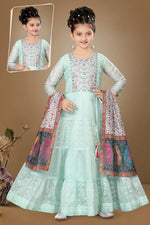 Mint Green Embroidered Gown In Silk For Girls