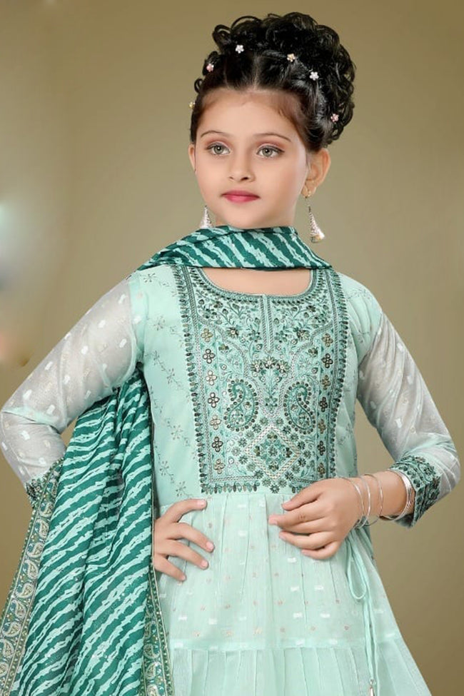 Sea Green Wedding Wear Embroidered Gown For Girls