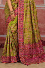 Light Green Banaras Silk Saree with Pure Kachhi Work & Diamond & Mirror Heavy Work