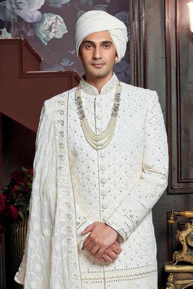 White Anarkali Style Sherwani In Silk With Thread Embroidery For Mens