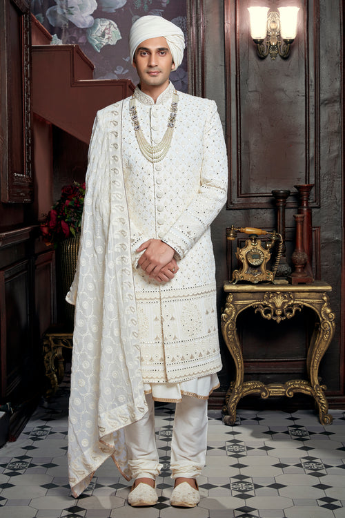White Anarkali Style Sherwani In Silk With Thread Embroidery For Mens