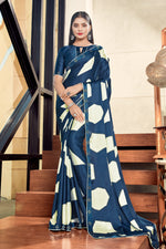 Blue Georgette Saree With Border And Blouse Piece