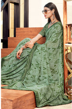 Olive Georgette Saree With Border And Blouse Piece