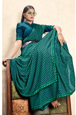 Teal Georgette Saree With Border And Blouse Piece
