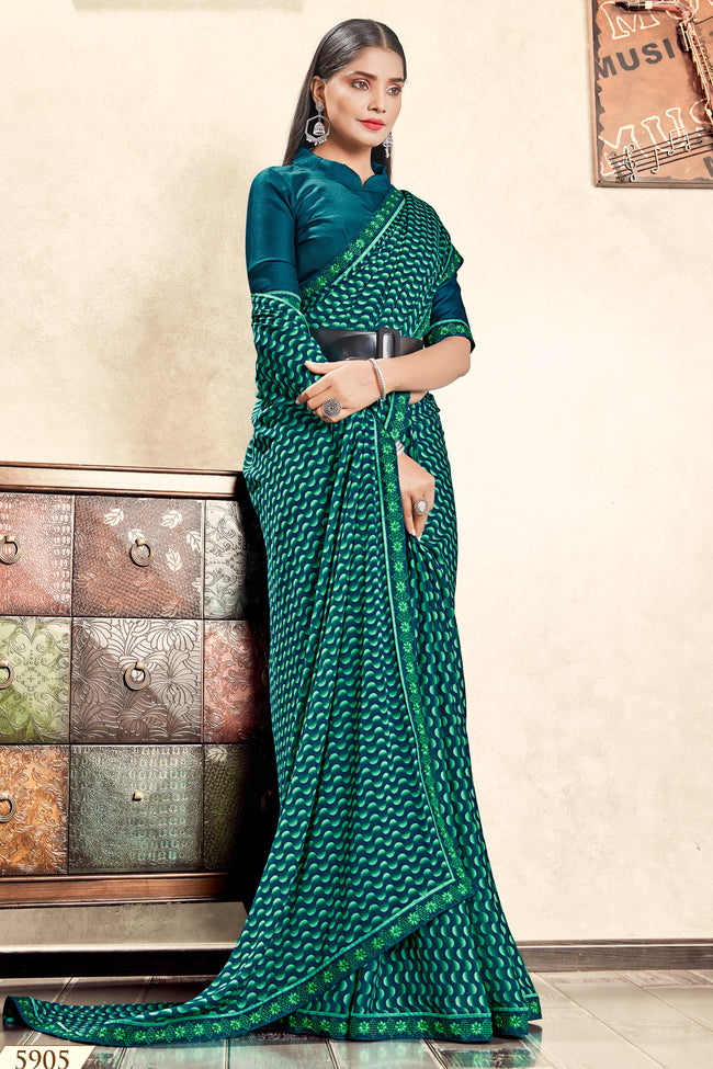 Teal Georgette Saree With Border And Blouse Piece