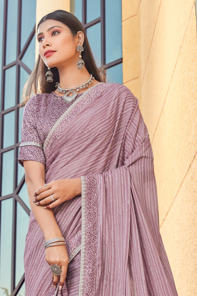 Purple Georgette Saree With Border And Blouse Piece