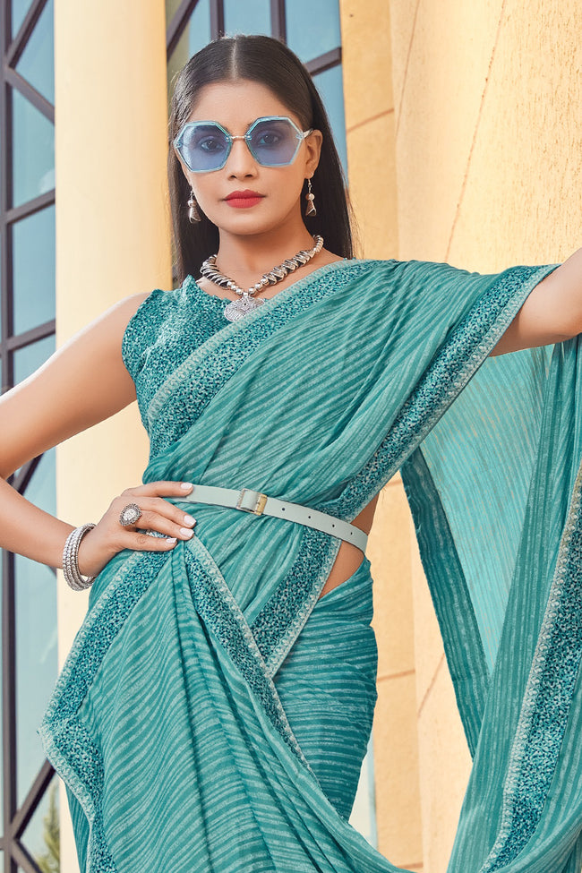 Green Georgette Saree With Border And Blouse Piece