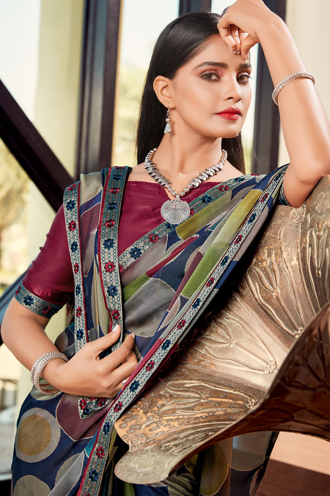 Multicolour Georgette Saree With Border And Blouse Piece