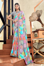 Grey Gerogette Saree With Border And Blouse Piece
