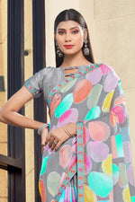 Grey Gerogette Saree With Border And Blouse Piece