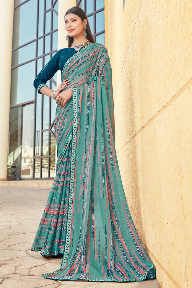 Turquoise Georgette Saree With Border And Blouse Piece