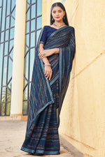 Navy Blue Georgette Saree With Border And Blouse Piece