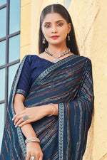 Navy Blue Georgette Saree With Border And Blouse Piece