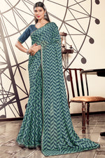 Forest Green Georgette Saree With Border And Blouse Piece